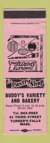 Matchbook Cover - Buddy's Variety Bakery Sporting Goods Turners Falls MA