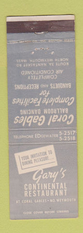 Matchbook Cover - Gary's Restaurant North Weymouth MA