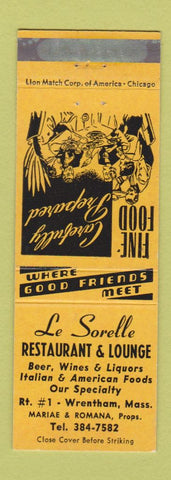 Matchbook Cover - Le Sorelle Restaurant Wrentham MA YELLOW WEAR