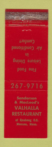 Matchbook Cover - Valhalla Restaurant Monson MA WORN