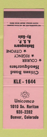 Matchbook Cover - Unicomco Denver Colorado HAM Radio COLOR MORE NEON ORANGE
