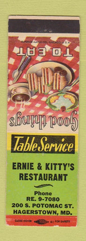 Matchbook Cover - Ernie & Kitty's Restaurant Hagerstown MD