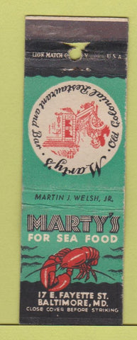 Matchbook Cover - Marty's Seafood Baltimore MD WEAR