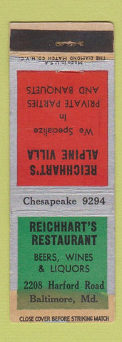 Matchbook Cover - Reichart's Restaurant Baltimore MD POOR