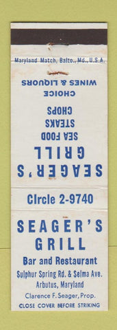 Matchbook Cover - Seager's Grill Arbutus MD WEAR