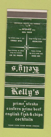 Matchbook Cover - Kelly's Restaurant Hollywood Palm Springs Buena Park CA