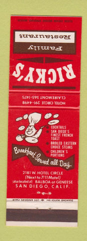 Matchbook Cover - Ricky's Restaurant San Diego CA