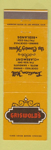 Matchbook Cover - Griswold's Restaurant Motel Claremont Redlands CA