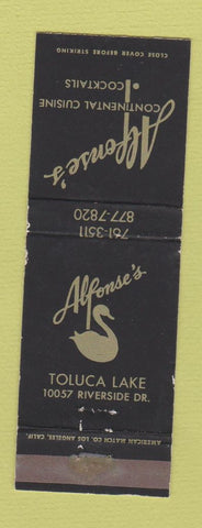 Matchbook Cover - Alfonse's Toluca Lake CA restaurant