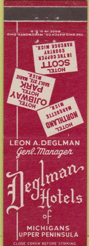Matchbook Cover - Degleman Hotels Marquette Sault St Marie Nancock MI
