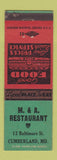 Matchbook Cover - M&A Restaurant Cumberland MD