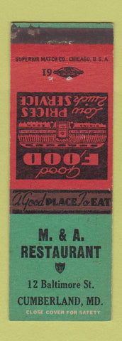 Matchbook Cover - M&A Restaurant Cumberland MD