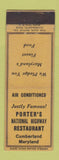 Matchbook Cover - Porter's Restaurant Cumberland MD
