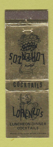 Matchbook Cover - Lorenzo's Restaurant Orange Santa Ana Laguna Hills CA