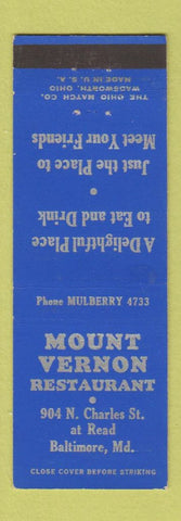 Matchbook Cover - Mount Vernon Restaurant Baltimore MD