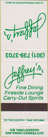 Matchbook Cover - Jeffrey's Restaurant Hagerstown MD