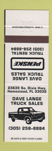 Matchbook Cover - Penske Truck Rentals Dave Lange Homestead FL