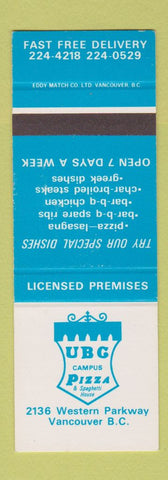 Matchbook Cover - UBG Pizza Vancouver BC