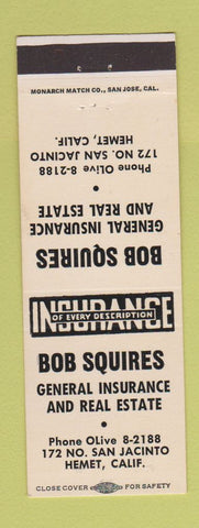 Matchbook Cover - Bob Squires Insurance Real Estate Hemet CA
