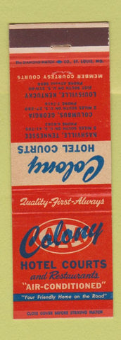Matchbook Cover - Colony Hotel courts Nashville TN Louisville KY Columbus GA