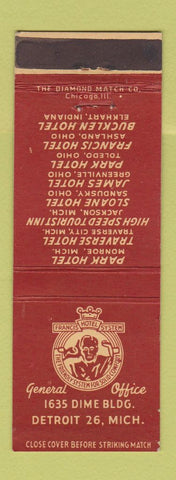 Matchbook Cover - Francis Hotel System Detroit MI Monroe Traverse City Jackson