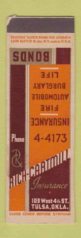 Matchbook Cover - Rich Cartmill Insurance Tulsa OK feature SAMPLE WORN