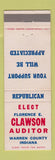 Matchbook Cover - Florence Clawson Auditor Election Warren County IN