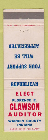 Matchbook Cover - Florence Clawson Auditor Election Warren County IN