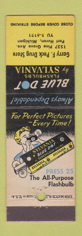 Matchbook Cover - Sylvania Blue Dot Bulbs Camera Garry Peck Drug Port Huron MI