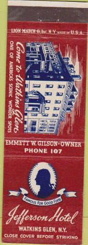 Matchbook Cover - Jefferson Hotel Watkins Glen NY
