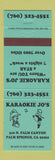 Matchbook Cover - Karaokie Joe's Palm Springs CA Karaoke