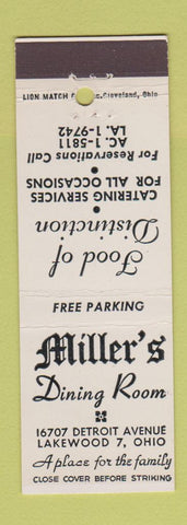 Matchbook Cover - Miller's Dining Room Lakewood OH