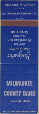 Matchbook Cover - Milwaukee County Bank West Allis WI