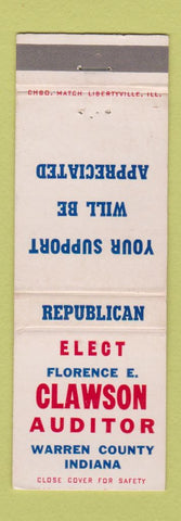 Matchbook Cover - Florence Clawson Auditor Election Warren County IN WEAR