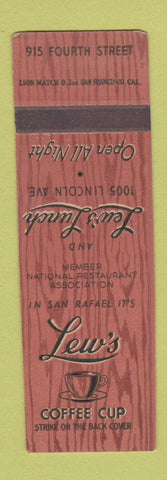 Matchbook Cover - Lew's Lunch Coffee Shop San Rafael CA SAMPLE MISCUT