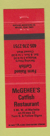 Matchbook Cover - McGehee's Catfish Restaurant Marietta OK