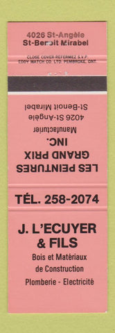 Matchbook Cover - J. L'Ecuyer Fils Plumbing St Benoit Mirabel QC