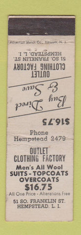 Matchbook Cover - Outlet Clothing Factory Hempstead LI NY WEAR