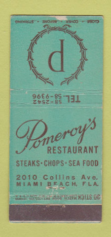 Matchbook Cover - Pomeroy's Restaurant Miami Beach FL WORN 30 Stick