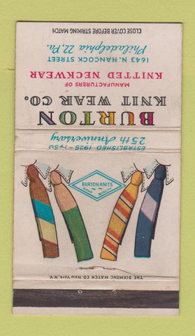 Matchbook Cover - Burton Knit Wear Ties Philadelphia PA WEAR 36 Strike