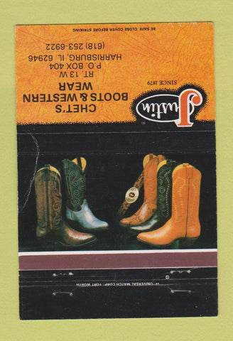 Matchbook Cover - Justin Cowboy Boots Chet's Harrisburg IL CREASE 40 Strike