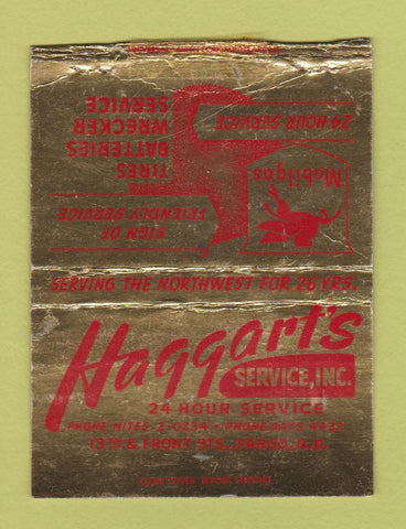 Matchbook Cover - Haggart's Mobil oil gas Fargo ND BOBTAIL WEAR 40 Strike
