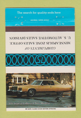 Matchbook Cover - 1975 Imperial Lebaron Chrysler  40 Strike