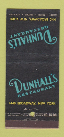Matchbook Cover - Dunhall's Restaurant New York City 30 Stick