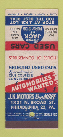 Matchbook Cover - JK Motors Used Cars Philadelphia PA 30 Stick