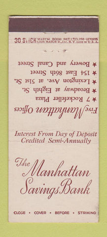 Matchbook Cover - Manhattan Savings Bank New York City 30 Stick