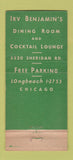 Matchbook Cover - Irv Benjamin's Dining Room Chicago IL 30 Stick