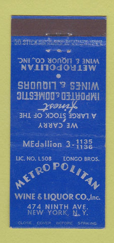 Matchbook Cover - Metropolitan Wine Liquor New York City Longo Bros 30 Stick