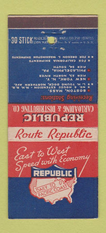 Matchbook Cover - Republic Carloading Boston MA NYC Philadelphia  30 Stick