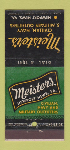 Matchbook Cover - Meister's Navy Military Uniforms Newport News VA 30 Stick